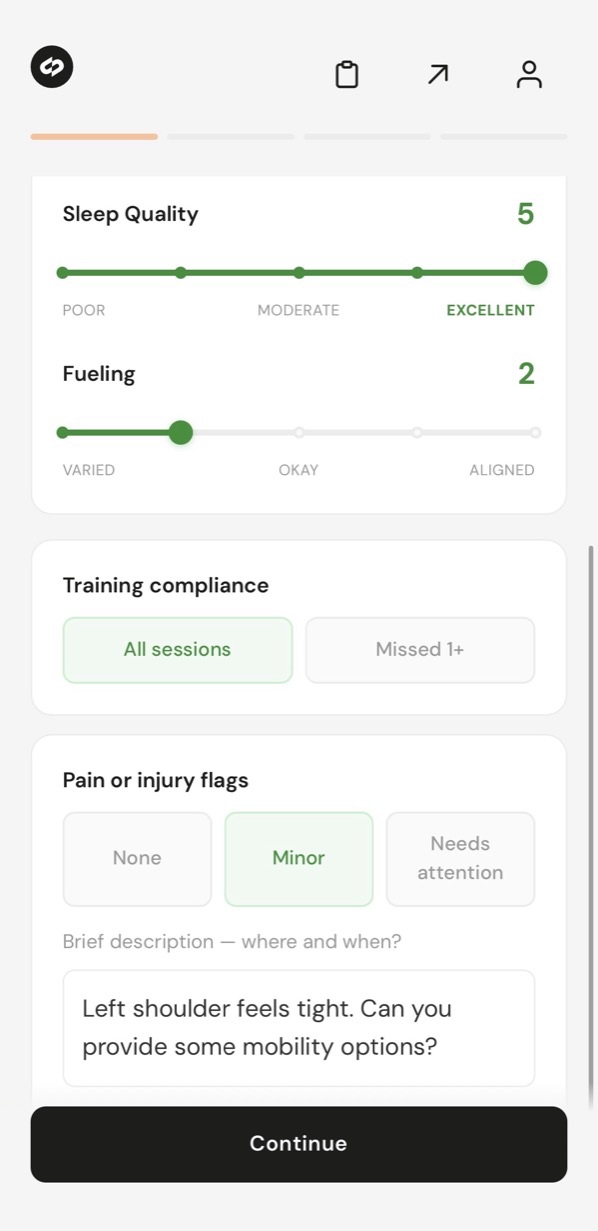 Weekly check-in with sleep, fueling, and pain flags