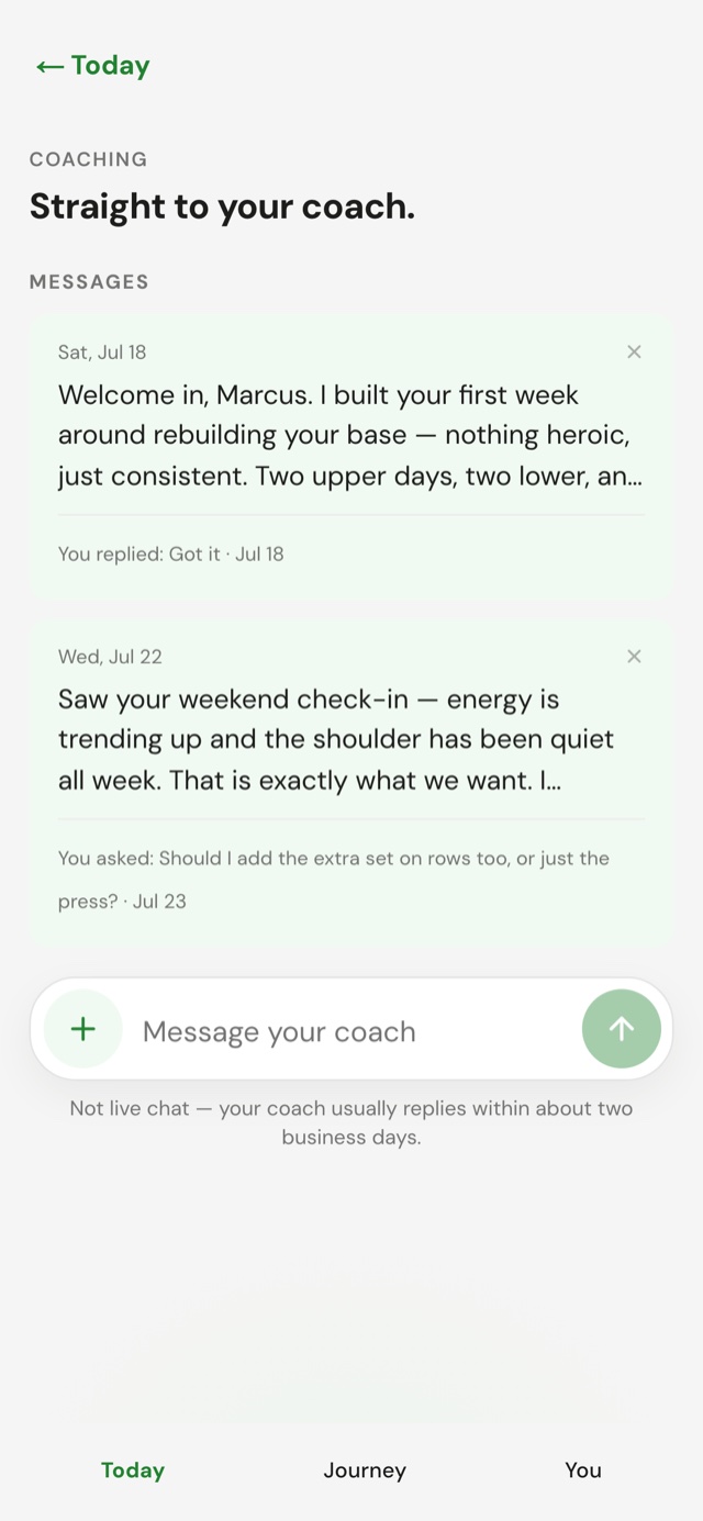 Coaching thread: direct messages with your named human coach, with your replies in the same thread