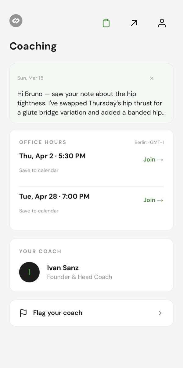 Coaching tab with coach messages and office hours