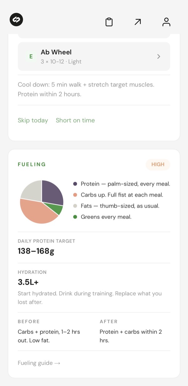 Fueling guidance with macros and hydration