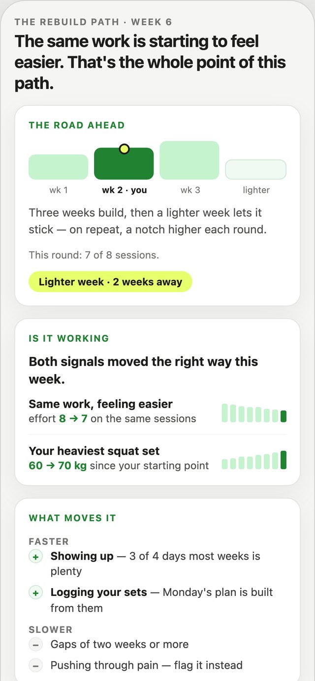 Journey screen: where you are in the build-and-recover cycle, two progress signals, and what speeds the work up or slows it down