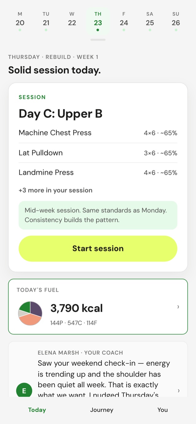 Today screen: the day's session, fuel, and a message from your coach on one screen